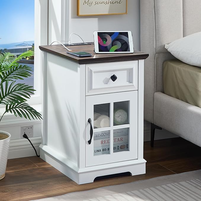 Farmhouse XXL End Table with Charging Station, Side Table with USB Ports and Outlets, Nightstand with Drawer and Glass Door Storage, White Bedside Tables for Living Room, Bedroom, Office