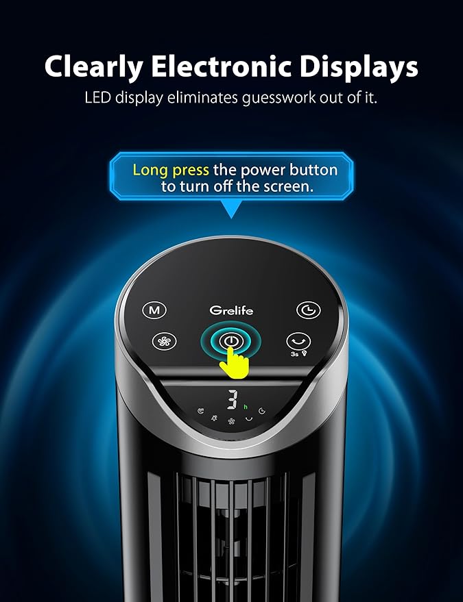 Grelife Tower Fan with Remote Control, Fast Cooling Desktop Fan, 90° Oscillation, 3 Speeds, 3 Wind Modes, Touch Screen, Auto Timer, Ideal for Home, Office Bedroom