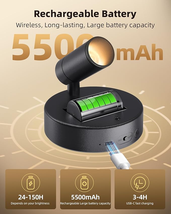 EZVALO Wireless LED Spotlights Indoor, 5500mAh Rechargeable Battery Powered Plants Spotlights Indoor, Dimmable & Timer, 3 CCT Small Up Lights with Remote, Accent Uplighting for Artwork,Tree(Black)