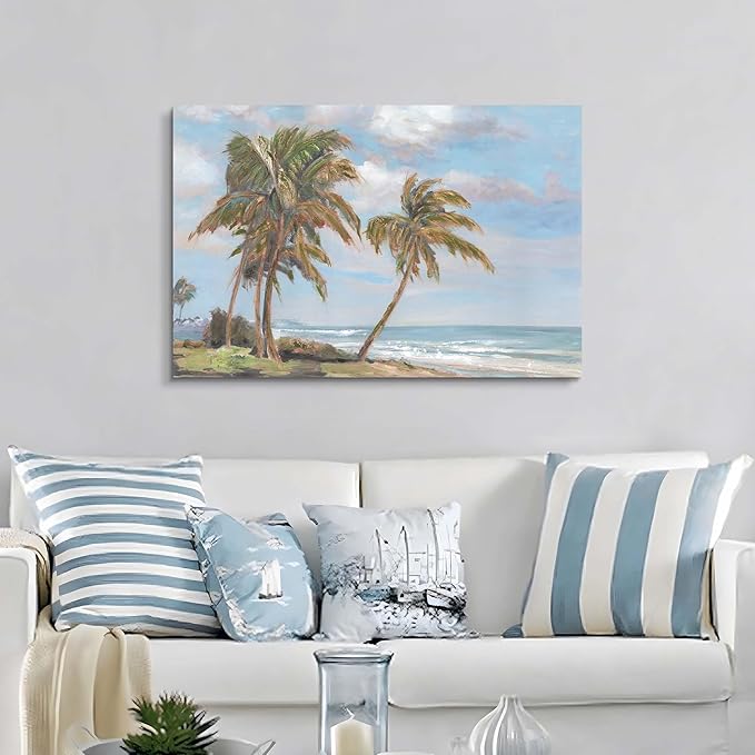 cozy country Palm Tree Wall Art 36"x24" - Coastal Pictures Beach Canvas Ocean Decor - Nautical Artwork Seascape Hand Painting for Bedroom, Sea House