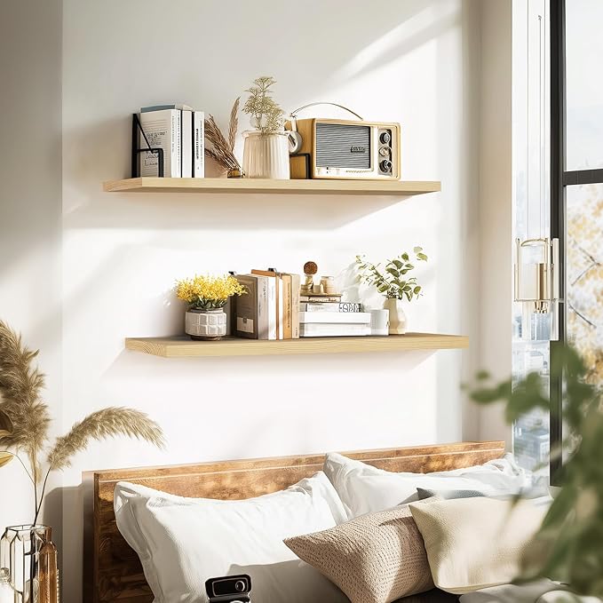 Floating Wall Shelves 2-Pack - 36-Inch Rustic Wooden Shelves for Storage and Décor, Easy Installation for Living Room, Bedroom, and Kitchen