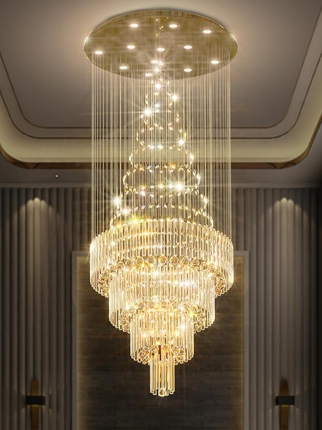 D32 x H79'' Modern Crystal Raindrop Gold Chandelier Lighting for Entrance, Stairs, Doorway, Crystal Ornament Chandelier Can be Used on Slopin