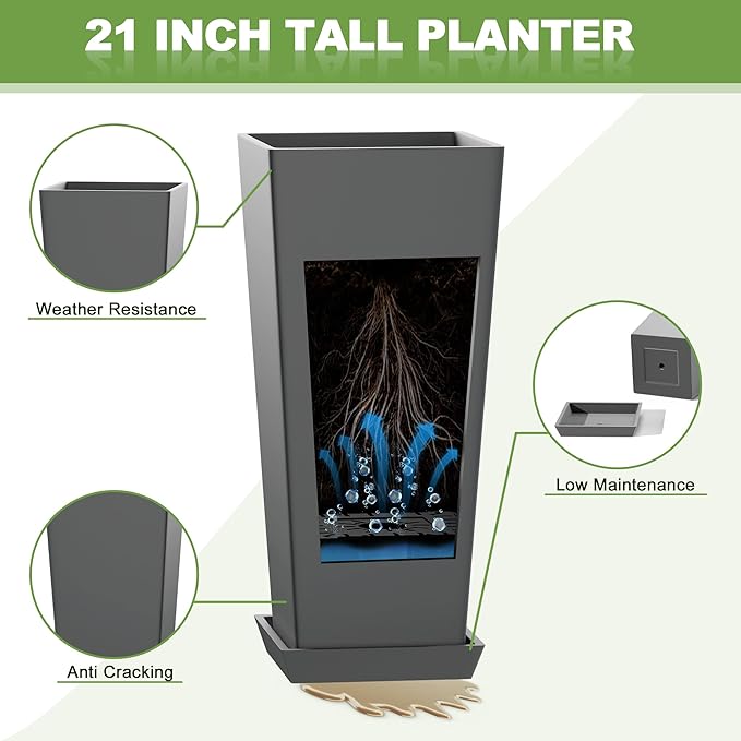 FENCY Set of 2 Tall Planters for Outdoor Plants, 24 Inch Large Tapered Pots with Drainage Trays, Weather-Resistant Plastic Plant Containers for Patio, Porch, Garden, Front Door Decor,Gray
