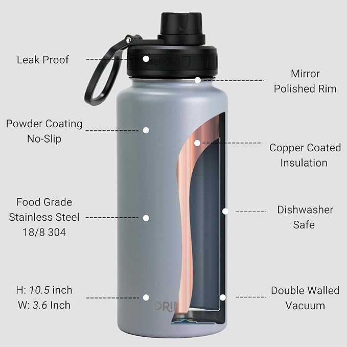 DRINCO Stainless Steel Water Bottle Spout Lid Vacuum Insulated Double Wall Water Bottle Wide Mouth (40oz 32oz 22oz 18oz 14oz) Leak Proof Keeps Cold or Hot (32 oz, 32oz Asphalt Gray)