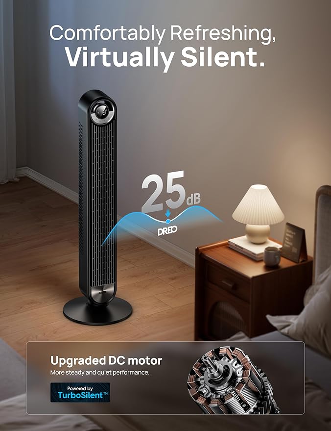 Dreo Tower Fan for Bedroom, 90° Oscillating Standing Floor Fan with 28ft/s Velocity, 25dB Quiet for Sleep, DC Motor, 9 Speeds, 4 Modes, 12H Timer, Voice & APP & Remote Control, 42" Cruiser Pro T2 S