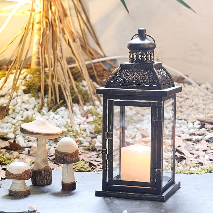 DECORKEY Lanterns Decorative Indoor&Outdoor, 14.4'' Large Black Square Hanging Lanterns, Vintage Metal Candle Holder for Outdoor Patio Front Door Porch Wedding Party Decor