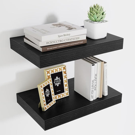 Fun Memories Black Floating Shelves for Wall - 10 x 16 Floating Shelf - Rustic Wood Storage Shelf - Wall Shelves with Invisible Bracket - 16" Bookshelves for Living Room & Bedroom - Black - Set of 2