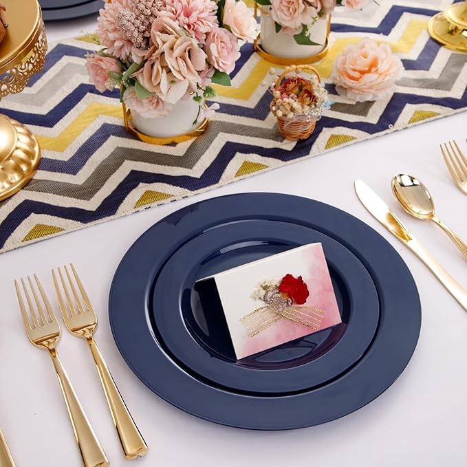 FLOWERCAT 60PCS Blue Plastic Plates - Heavy Duty Blue Plates Disposable (10.25" & 7.5") - serve for 30guest Birthday Party/Wedding/Father's Day/Memorial Day/Graduation