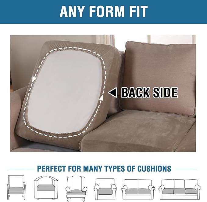 H.VERSAILTEX Velvet Stretch Couch Cushion Cover Plush Cushion Slipcover for Chair Cushion Furniture Protector Seat Cushion Sofa Cover (1 Piece Armchair Cushion Covers, Mocha)