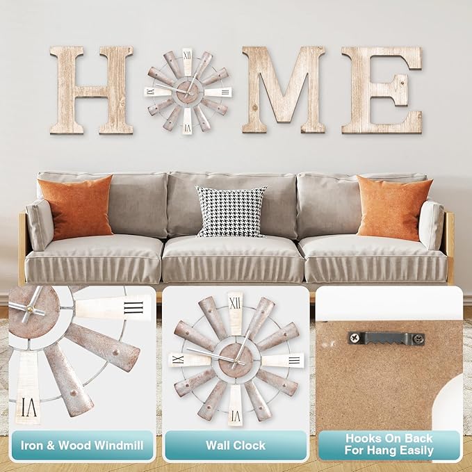 Farmhouse Home Signs with Windmill Clock Wall Decor Rustic Home Letters Wall Art for Living Room Kitchen Entryway Dining Room Bedroom (water-white)