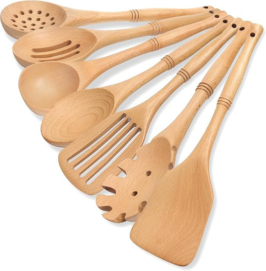 comfoyar Wooden Spoons for Cooking, 7 Pieces Kitchen Cooking Utenails Set with Spatula and Ladle, Heat Resistant Kitchen Cookware for Nonstick Pan-Beech