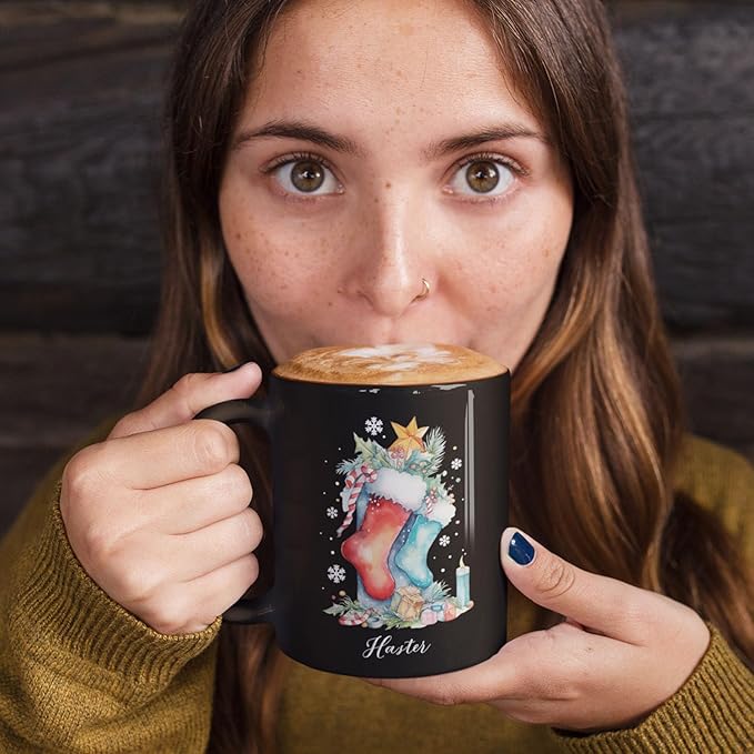 Custom Funny Christmas Cup, Christmas Sock With Gifts And Candle Design Mug, Customized Name Christmas Black Cup 11oz 15oz, Personalized Coffee Mug For Christmas, Christmas Sock Detailed Cup