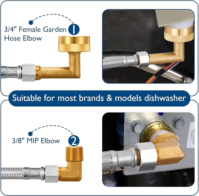 Dishwasher Installation Kit - 15 FT Stainless Steel Braided Dishwasher Hose kit,Food Grade PEX Inner Tube Dishwasher Water Line with 3/8"x3/8"x3/8" Tee Stop Valve,3/8"x3/8"MIP Elbow,3/8"x3/4"FHT Elbow