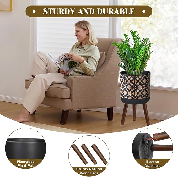 Flower Pot with Legs Tall Flower Pot with Drainage Holes for Indoor and Outdoor Decorative Planting (Black Gold, 10 Inches)