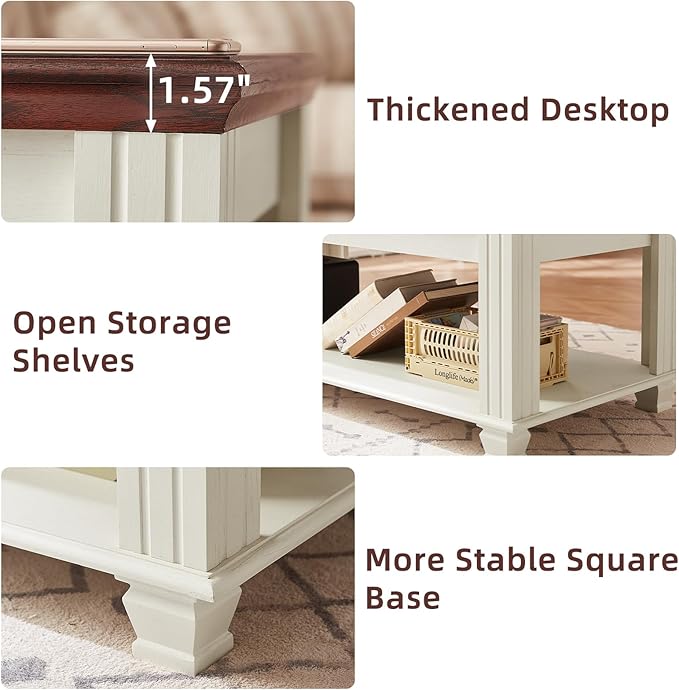 Farmhouse Coffee Tables for Living Room,Square Tea Table with Open Storage Shelf,Large Coffee Table,Rustic Wooden Center Table,White