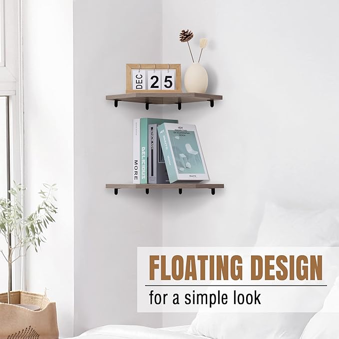 Corner Shelf Wall Mount, Floating Corner Shelves, Set of 2 Corner Wall Shelf Organizer, Rustic Wood Wall Storage Display Shelves for Living Room Bedroom Bathroom Kitchen, Rustic Grey