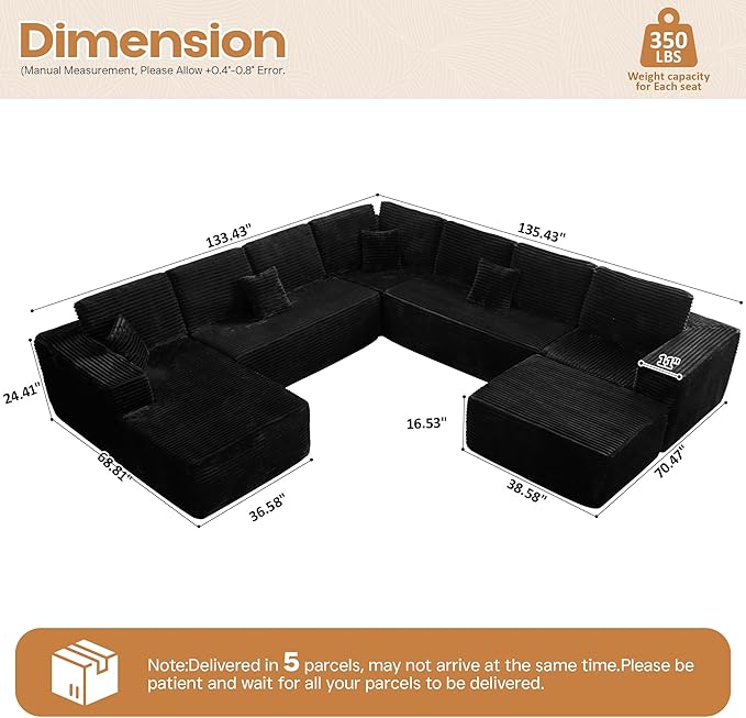 Cloud Sectional Couches for Living Room,G Shaped Modular Sofas No Assembly,135x133 Inches Plush Corduroy Oversized Floor Couch Set with Deep Seat Chaise,Black