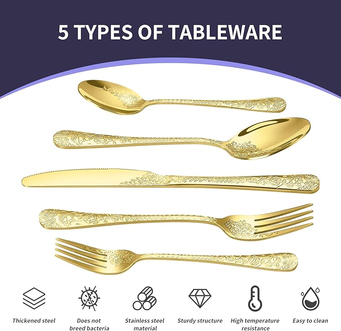 Floral 20 Pcs Gold Silverware Set for 4, Food Grade Stainless Steel Flatware Set with Rose Flower Embossed Design, Eating Utensils Sets Include Fork/Knife/Spoon, Reusable Cutlery Set, Dishwasher Safe