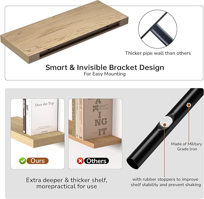 Fun Memories Floating Shelves - 24 Inch Rustic Wooden Wall Shelves - Extra Deeper & Thicker Wall Mounted Storage Shelf for Living Room, Kitchen, Farmhouse - 24" x 9" x 1.6" 2Pack, Oak