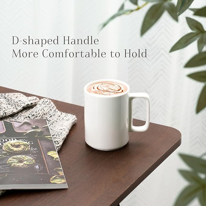 E-liu Porcelain Tea Mugs Coffee Mug Set, Large 15 Ounces Cups for Coffee, Tea, Cocoa, and Mulled Drinks, Set of 6, White