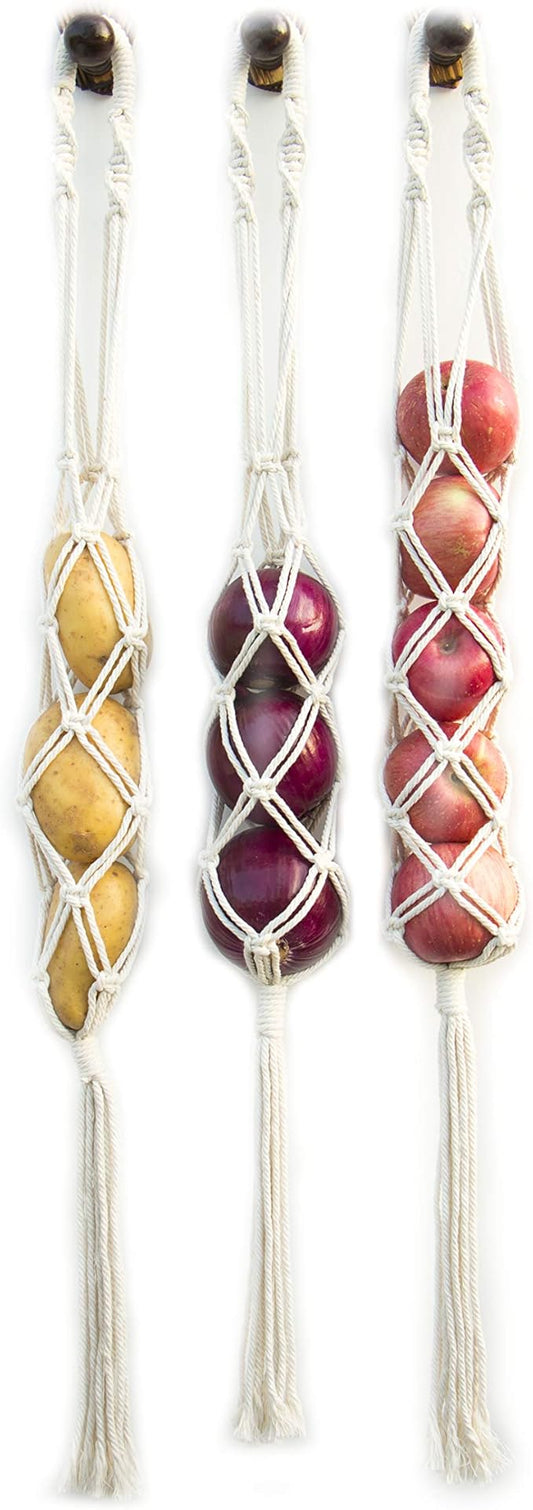 Decocove Hanging Fruit Basket - Boho Basket for Potato, Onion and Fruit Storage - Boho Wall Hanging Decor for Kitchen - Macrame Wall Hanging Basket - Set of 3