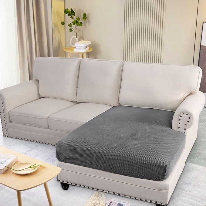 H.VERSAILTEX Super Stretch Individual Chaise Cover Sectional Couch Covers for L Shaped Sofa Both Left/Right Featuring Thick Jacquard Textured Twill Fabric (1 Piece Chaise Cover, Grey)