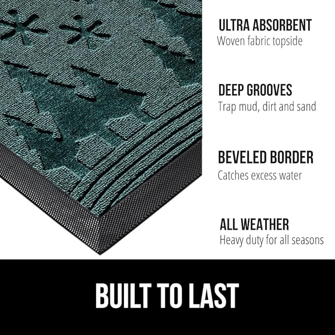GORILLA GRIP 100% Waterproof All-Season WeatherMax Doormat, US Designed Natural Rubber, Stain and Fade Resistant, Low Profile Indoor Outdoor Door Mats, Easy Clean Patio Mat, 17x29, Green Snowscape