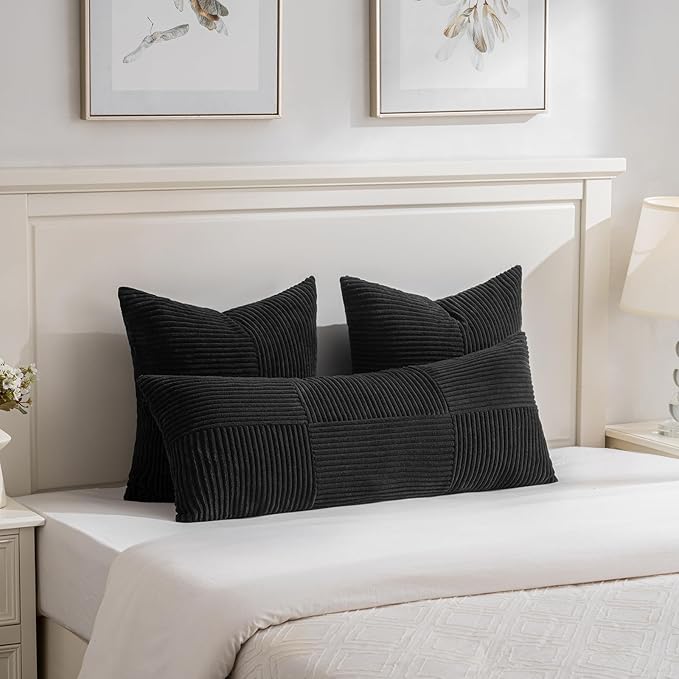 Fancy Homi 2 Packs Black Euro Decorative Throw Pillow Covers 28x28 Inch for Couch Bed Sofa, Rustic Farmhouse Boho Home Decor, Soft Corss Corduroy Patchwork Textured Square Cushion Case 71x71 cm