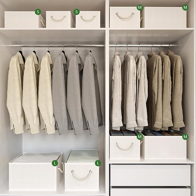 Closet Storage Bins, Linen Closet Organizers and Storage Basket for Shelves, Collapsible Shelf Baskets for Organizing Shelves, Bedroom Clothes Basket, Beige, 3 Pack