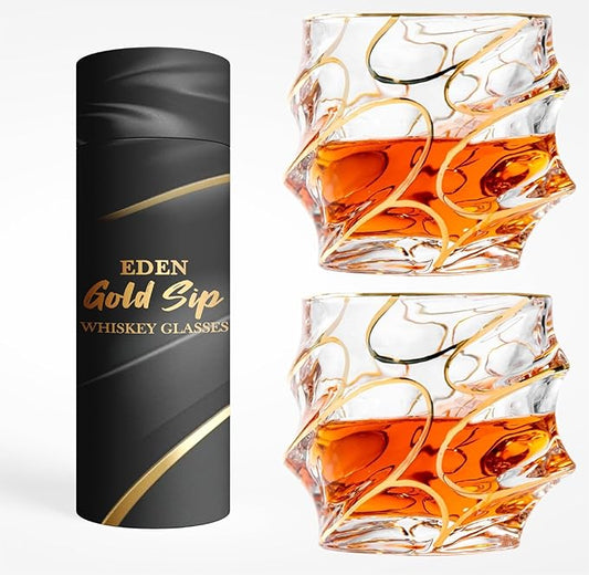 EdensDECOR Whiskey Glasses Gift Set (24k Gold Plated) Luxury Gift For Men, Bourbon, Scotch, Dad, Husbands
