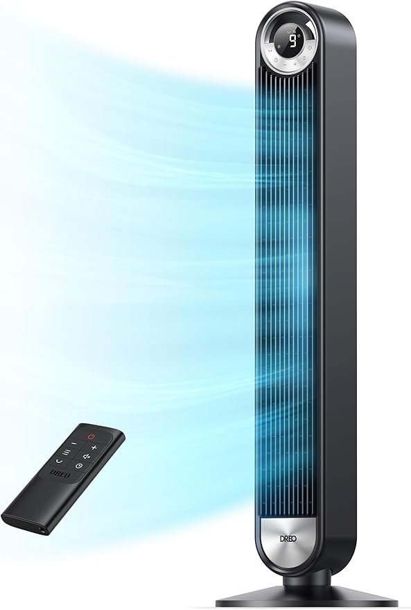 Dreo Tower Fan for Bedroom, Upgraded DC 9 Speeds 25dB Ultra-Quiet Floor Fan, 90° Oscillating Fans with 28ft/s Velocity, 12H Timer, Standing Fan, Bladeless Fan Powerful for Home Office Room