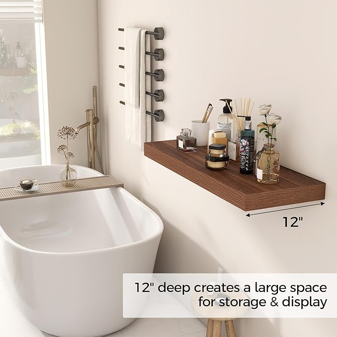 Fun Memories 30 Inch Floating Shelves, 12 Inch Deep Floating Shelf for Wall, Rustic Deep Shelves for Books, Bathroom, Living Room, Kitchen, 30 x 12 x 2 Wood Floating Shelves, Walnut Color, Set of 2