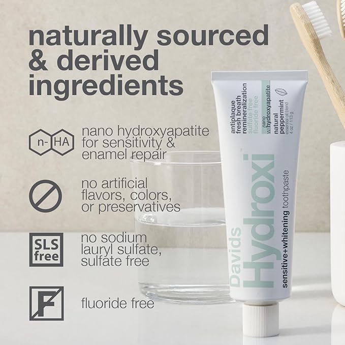 Davids Hydroxi Fluoride Free Nano Hydroxyapatite Toothpaste for Remineralizing Enamel & Sensitive Relief, Whitening, Antiplaque, SLS Free, Natural Peppermint, Made in USA, 1.75oz (Travel Size)