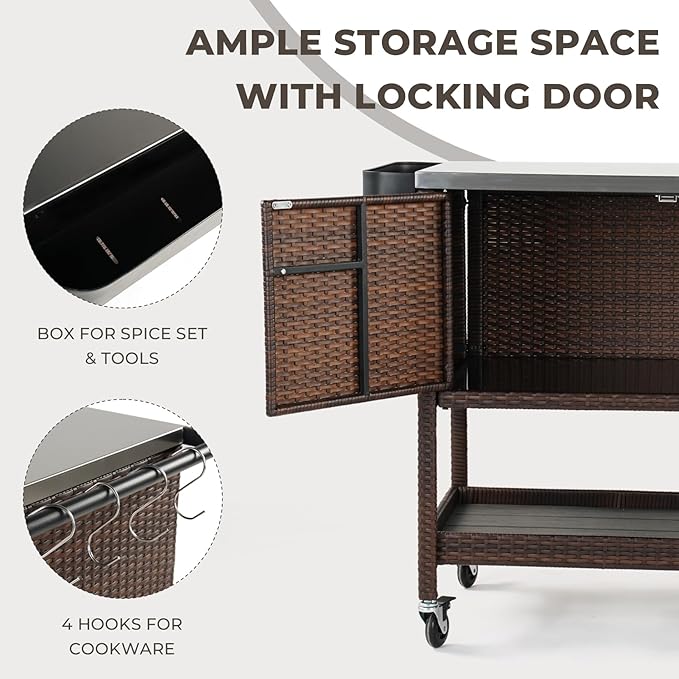 Grand patio Outdoor Wicker Bar Cart, Outdoor Bar Table with Stainless Steel Tabletop, Patio Kitchen Island Grill Cart with Storage Cabinet and 4 Hooks