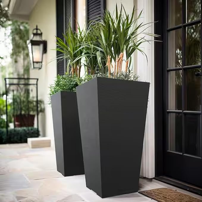 GreenShip 27" Tall Planters, Set of 2 – Black Outdoor Planter for Front Porch & Tall Plants, Weather-Resistant, with Drainage Hole & Rubber Plug (No Plants Included) (Black-2pcs)