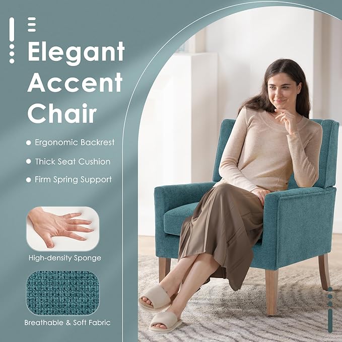 COLAMY Modern Wingback Living Room Chair Set of 2, Upholstered Fabric Accent Armchair, Single Sofa Chair with Lounge Seat and Wood Legs for Bedroom/Office/Reading Spaces, Teal