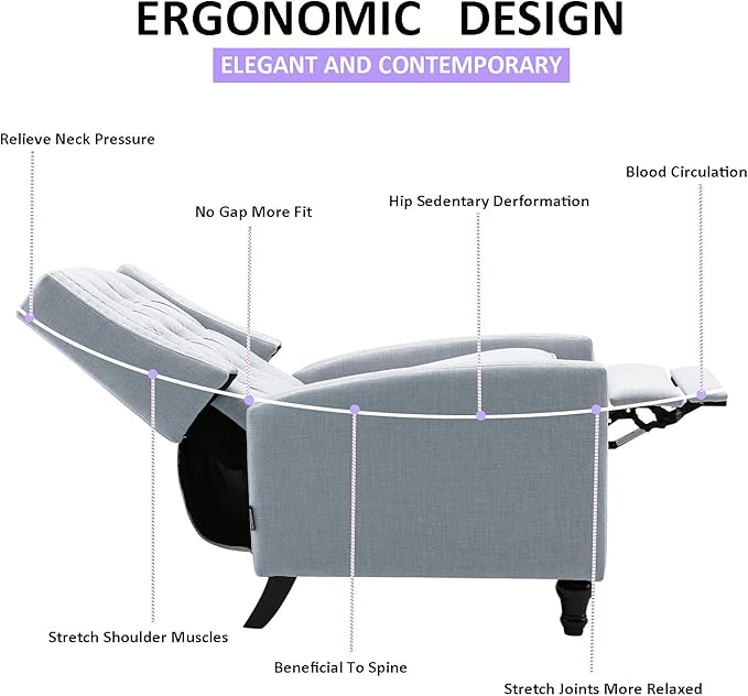Fabric Push Back Recliner Chair Mid Century Tufted Single Comfy Reading Sofa Chair for Living Room/Bedroom/Home Theatre, Grey