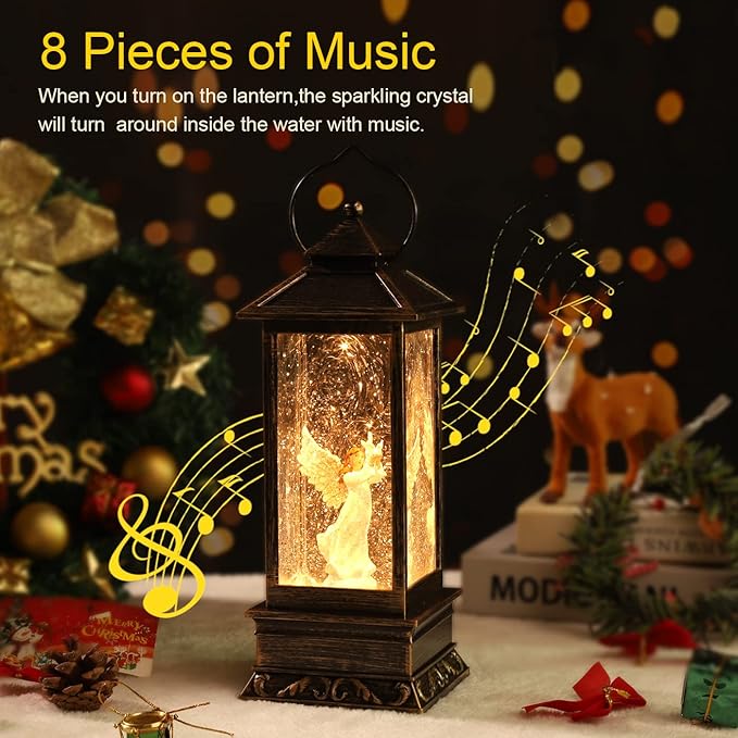 Christmas Decorations Snow Globe Lantern,Christmas Lantern with 8 Christmas Theme Music,Christmas Snow Globe Gifts Water Glittering Swirling Christmas Home Decoration（Dove Angel）