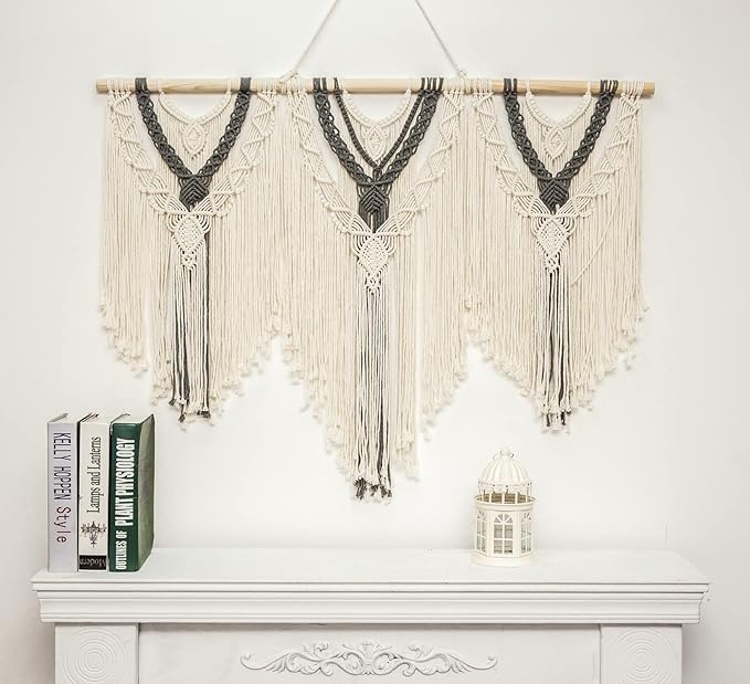guzhiou large macrame wall hanging - Boho Tapestry Macrame Wall Decor Art- Chic Bohemian Handmade Woven Tapestry Home Decoration for Bedroom Living Room Apartment Wedding Party - 43"x32" (Beige-grey)