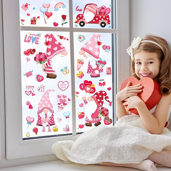 DC-BEAUTIFUL 107 PCS Valentines Window Clings, 9 Sheets Double-Sided Pink Love Heart Gnome Valentine Decoration Window Stickers, Reusable Static Holiday Window Decals for Home Wedding Party Decors