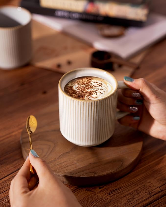 famiware Coffee Mug Set for 4, Star 12 oz Catering Mugs Cup Set with Handle for Coffee, Tea, Cocoa, Milk - Ceramic Stoneware Drinkware Set, Cappuccino White