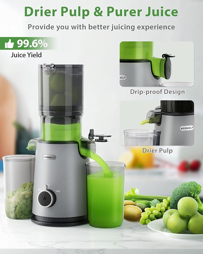 Cold Press Juicer, ECOSELF Juicer Machines with 4.35" Large Feed Chute Fit Whole Fruits & Vegetables, Self Feeding for Juice Extractor Machine, Easy to Clean and Assemble, High Juice Yield