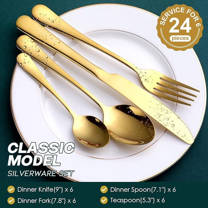 Gold Silverware Set, OGORI 24-Piece Food Grade Stainless Steel Gold Flatware Set, Kitchen Utensil Set Service for 6, Mirror Polished Tableware Cutlery Set for Home and Restaurant, Dishwasher Safe