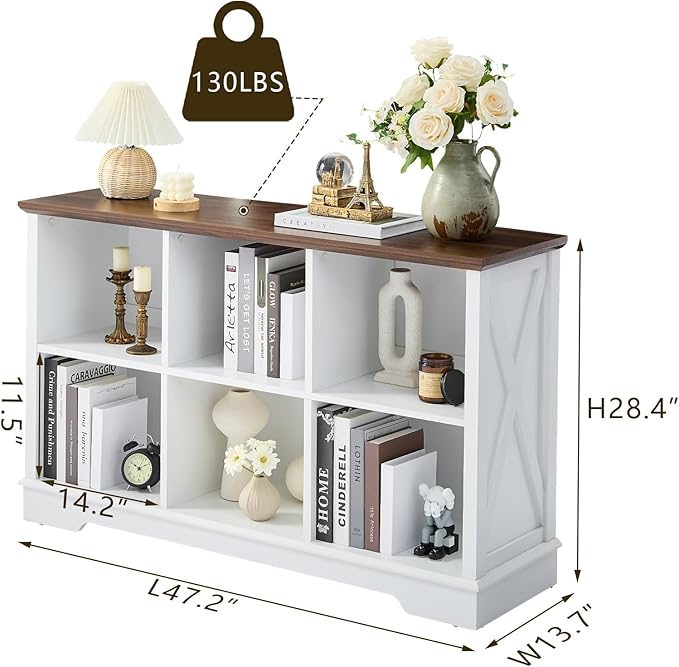 Farmhouse 6 Cube Bookshelf, White Storage Organizer Bookcase, Kids Toy Storage Cabinet, Long Bookshelves Storage Organizer Shelf, Wood Display Cabinet Book Shelves for Bedroom,Living Room,Office