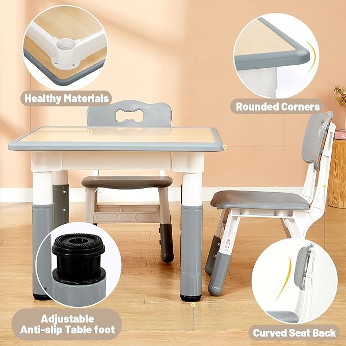 FUNLIO Kids Table and 4 Chairs Set, Height Adjustable Toddler Table and Chair Set for Ages 3-8, Easy to Wipe Arts & Crafts Table, for Classrooms/Daycares/Homes, CPC & CE Approved (5-Piece Set) - Gray