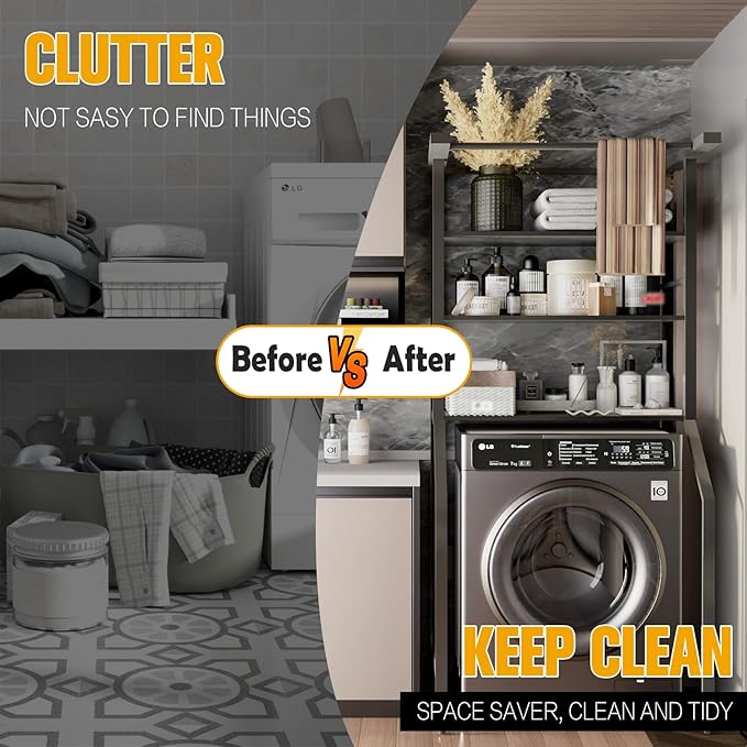 Dryer Storage Shelf and Heavy Duty Over the Washer– All-Steel Laundry Room Organizer with Clothes Drying Rod, Space-Saving Shelf for Front-Load Washers and Dryers, 29.92"L x 23.65"D x 70.8"H