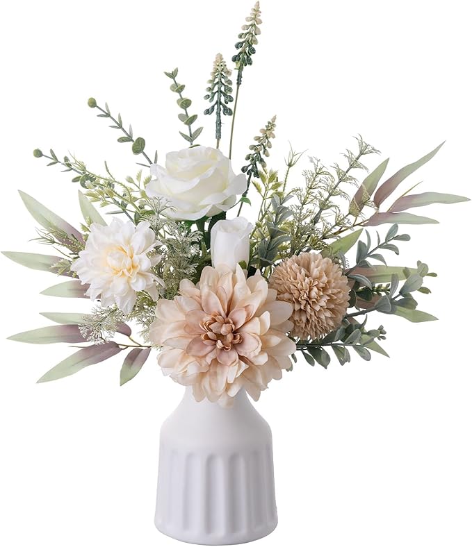 Fake Flowers in Vase, Artificial Flowers with Vase, 15.7'' Floral Arrangements for Dining Table Centerpiece Decor, Silk Roses & Faux Dahlia Bouquet for Farmfouse Kitchen Coffee Table Decor (Brown)