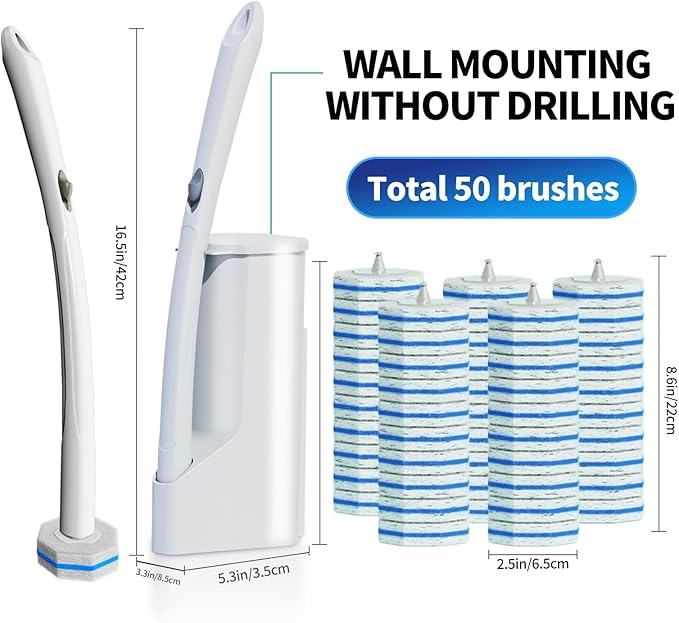 Disposable Toilet Brush Cleaning System with 50pcs Refills Pads Replacement Heads, Toilet Cleaning Stick, Wall Mounted Toliet Wand Kit Bathroom Maintenance, Toilet Bowl Cleaner Wands Holder and Set