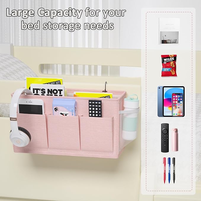 Dual-purpose Bedside Caddy Bedside Organizer, Bed Caddy with 6 Pockets, Versatile Bedside Storage Solution Magazine Remotes holder, ideal for Home, Dorm, Hospital, Crib Bed (Pink)