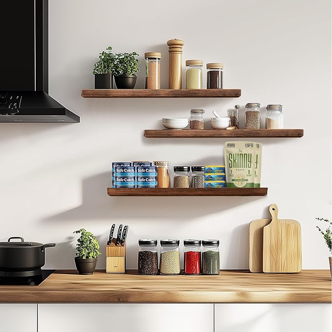Floating Wall Shelves 3-Pack - 24-Inch Rustic Brown Wooden Shelves for Storage and Décor, Easy Installation for Living Room, Bedroom, and Kitchen